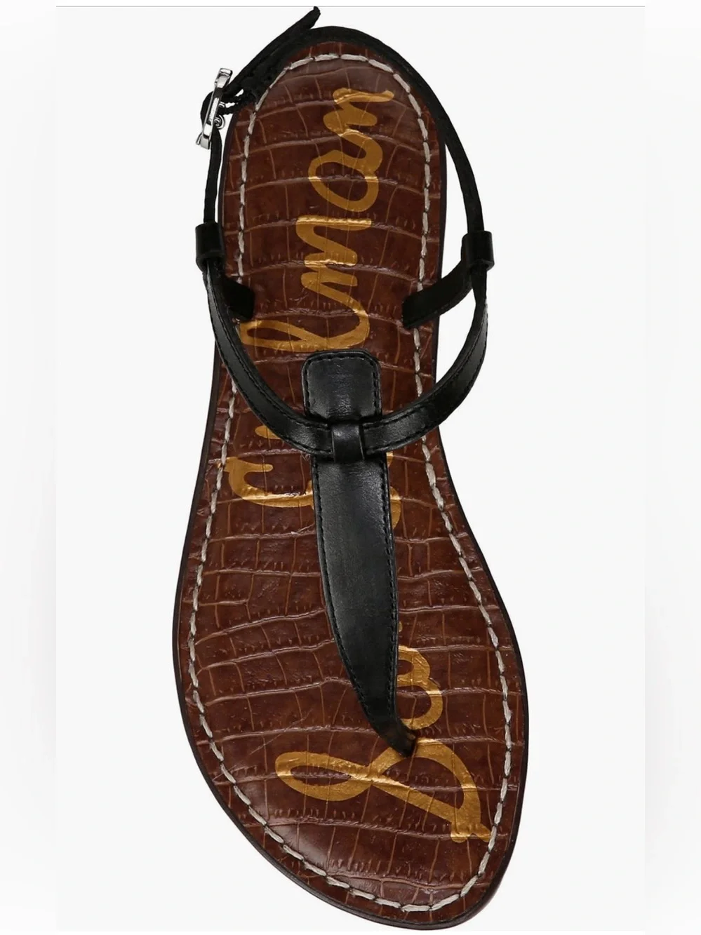 Sam Edelman Gigi Black Leather T-Strap Flat Sandals - Women's